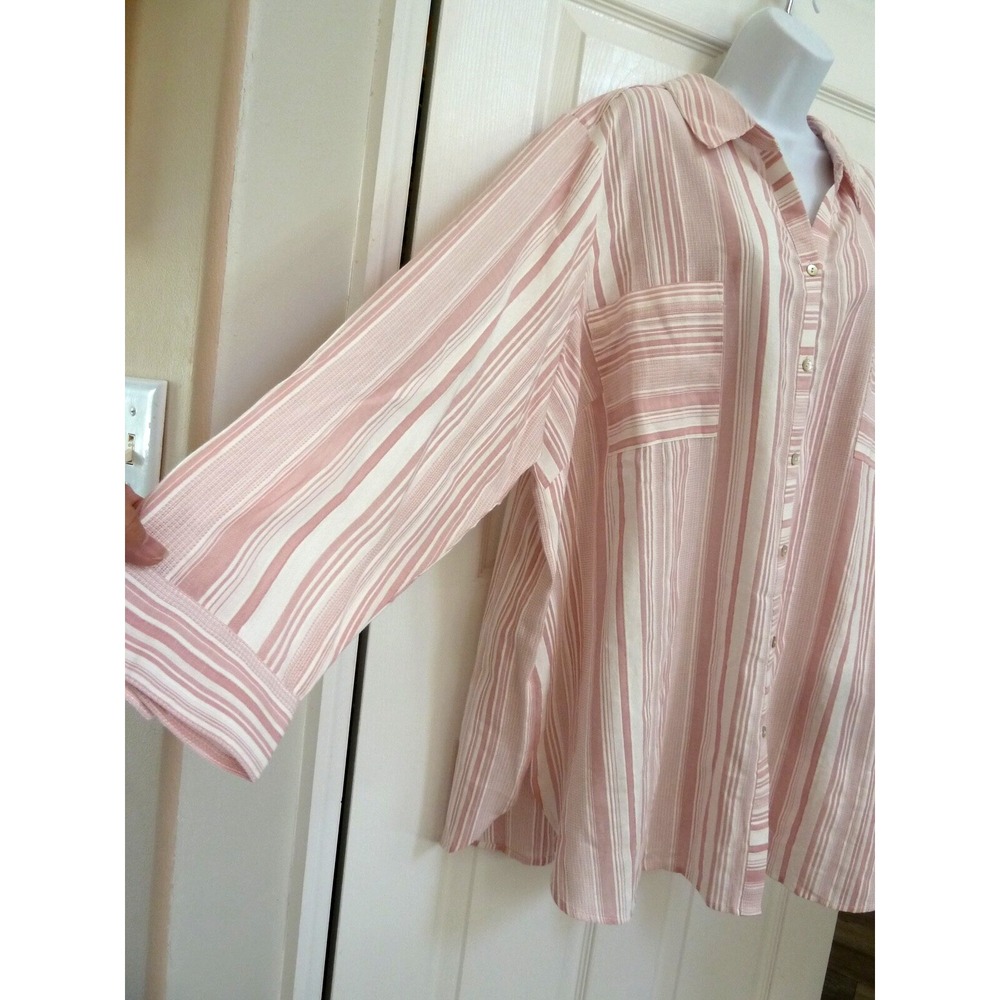 Susan Graver Plus Size 3X Vertical Stripe Blouse Pink White Cotton Tunic NEW